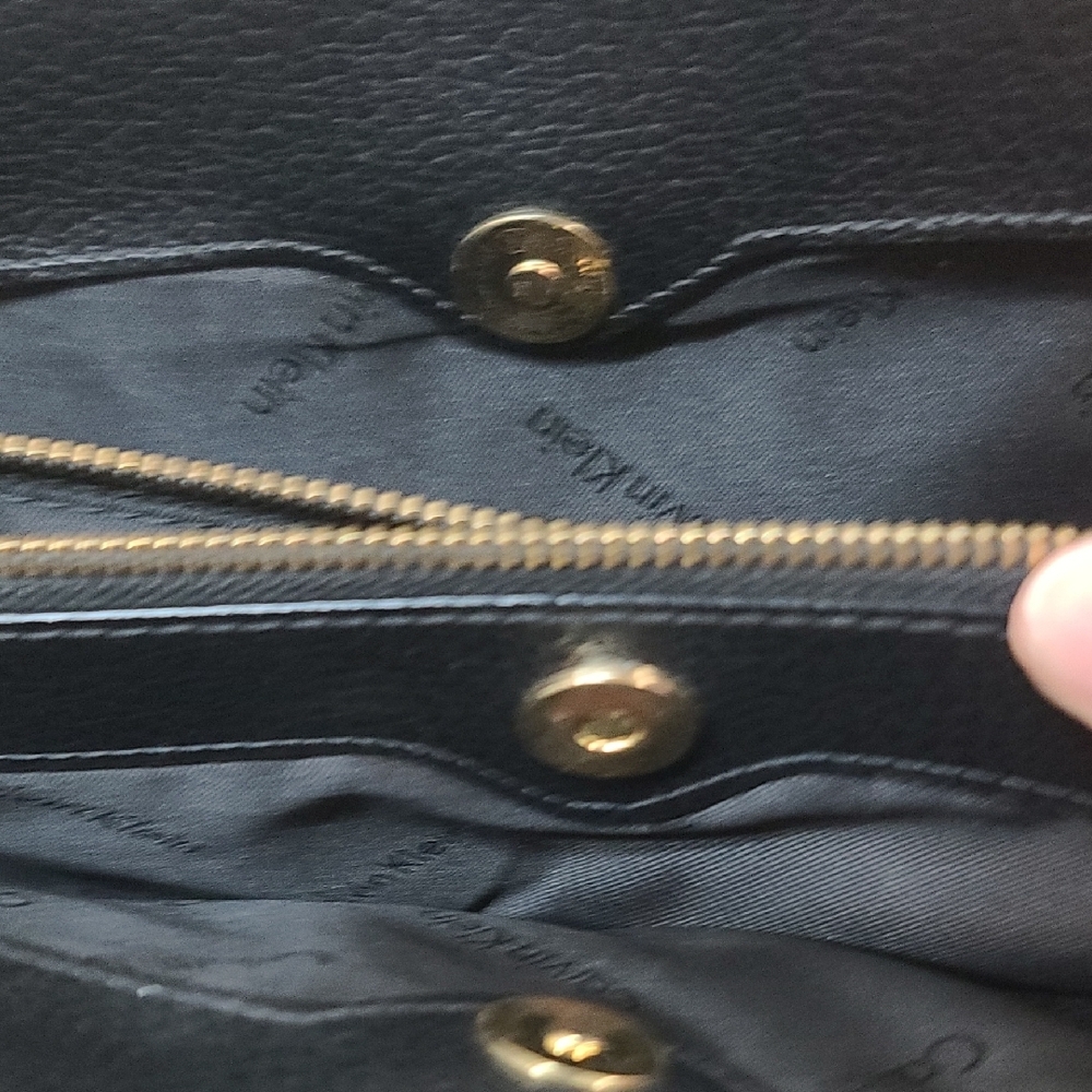Calvin Klein Black & Golden Tan Satchel w Structured Gold Buckle Accents EUC - Picture 8 of 11